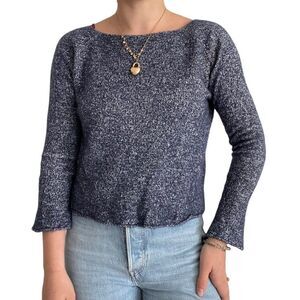 Theory Womens Blue Marled Soft Cashmere Linen Blend Cropped Boxy Sweater Sz M